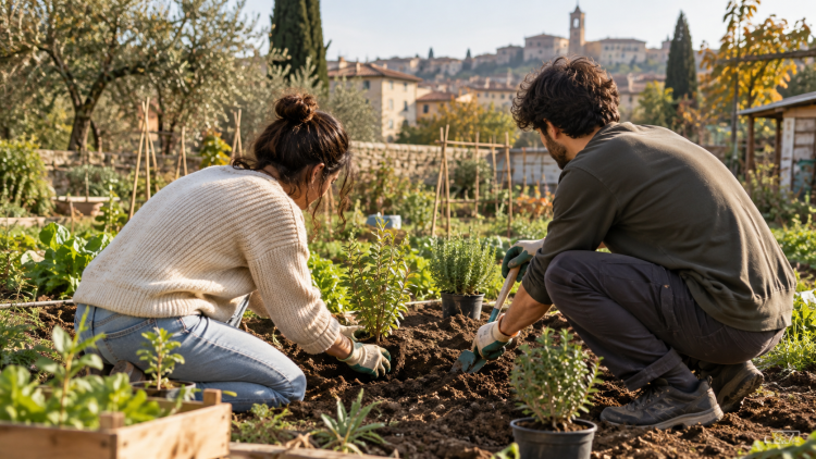 Giovani impegnati nella cura di un orto comunitario