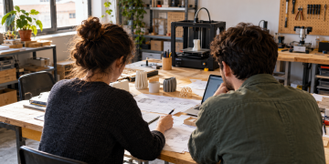 Due giovani progettano l’avvio di un’attività in un laboratorio con stampante 3D e attrezzature digitali.