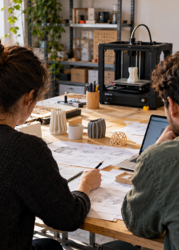 Due giovani progettano l’avvio di un’attività in un laboratorio con stampante 3D e attrezzature digitali.