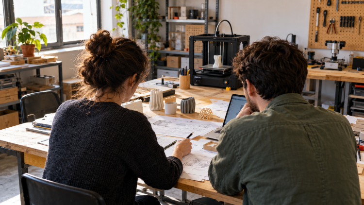 Due giovani progettano l’avvio di un’attività in un laboratorio con stampante 3D e attrezzature digitali.