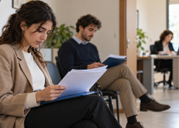 Giovani con curriculum in attesa di un colloquio di orientamento al lavoro.