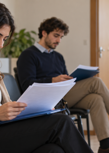Giovani con curriculum in attesa di un colloquio di orientamento al lavoro.