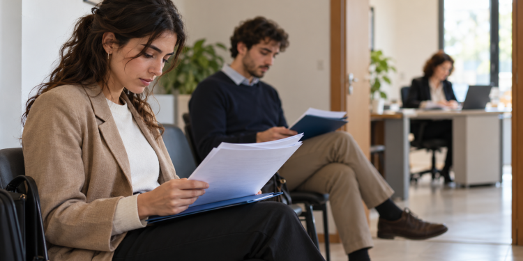 Giovani con curriculum in attesa di un colloquio di orientamento al lavoro.