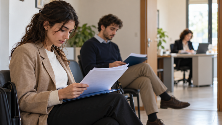 Giovani con curriculum in attesa di un colloquio di orientamento al lavoro.