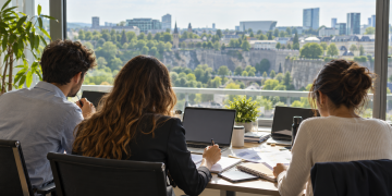Tre giovani di spalle lavorano su documenti e computer in un ufficio luminoso.