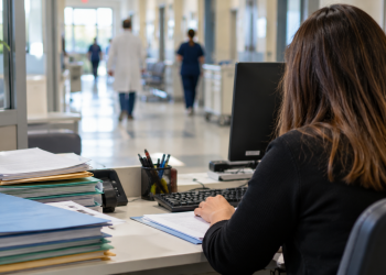 Addetta amministrativa vista di spalle al computer in un ufficio ospedaliero.