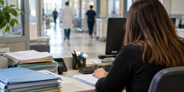 Addetta amministrativa vista di spalle al computer in un ufficio ospedaliero.
