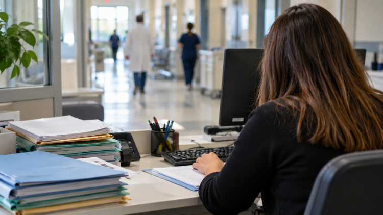 Addetta amministrativa vista di spalle al computer in un ufficio ospedaliero.