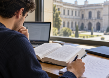 Giovane laureato studia su un manuale per prepararsi a un concorso pubblico