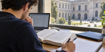 Giovane laureato studia su un manuale per prepararsi a un concorso pubblico