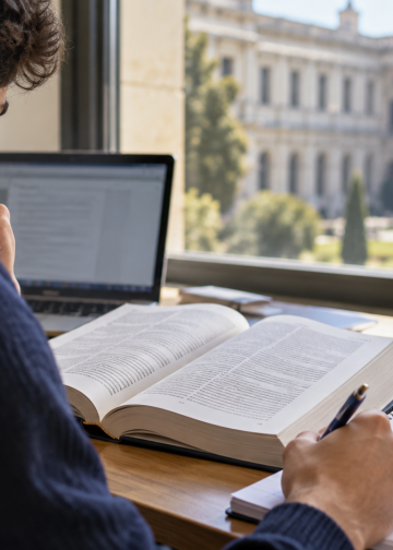 Giovane laureato studia su un manuale per prepararsi a un concorso pubblico