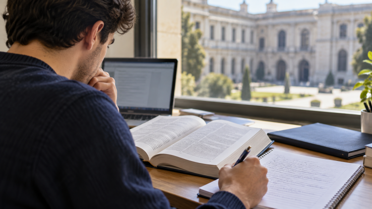 Giovane laureato studia su un manuale per prepararsi a un concorso pubblico