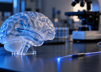 Modello anatomico del cervello illuminato di blu accanto a una fibra ottica in laboratorio