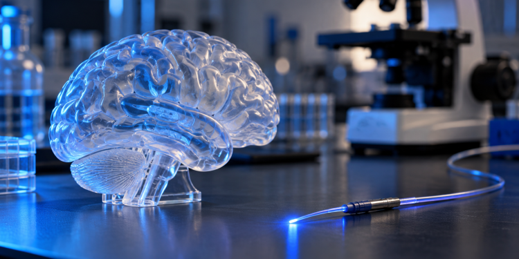 Modello anatomico del cervello illuminato di blu accanto a una fibra ottica in laboratorio