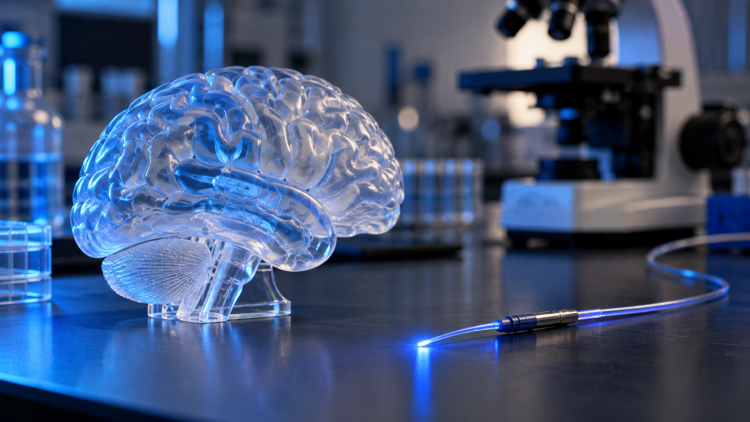 Modello anatomico del cervello illuminato di blu accanto a una fibra ottica in laboratorio