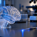 Modello anatomico del cervello illuminato di blu accanto a una fibra ottica in laboratorio