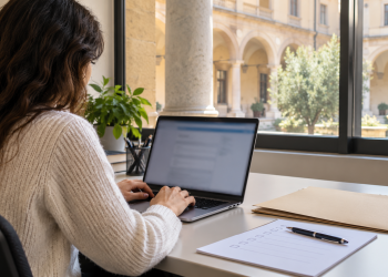 Persona al computer mentre prepara una candidatura per un concorso universitario