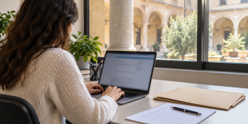 Persona al computer mentre prepara una candidatura per un concorso universitario