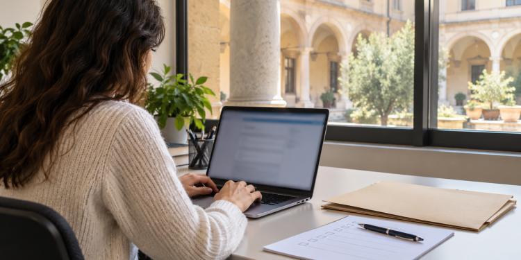 Persona al computer mentre prepara una candidatura per un concorso universitario