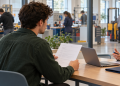 Giovane candidato presenta il curriculum durante un colloquio in un ambiente di lavoro tecnico.