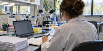 Giovane ricercatrice prepara un progetto al computer in un laboratorio universitario