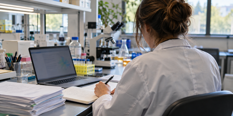 Giovane ricercatrice prepara un progetto al computer in un laboratorio universitario