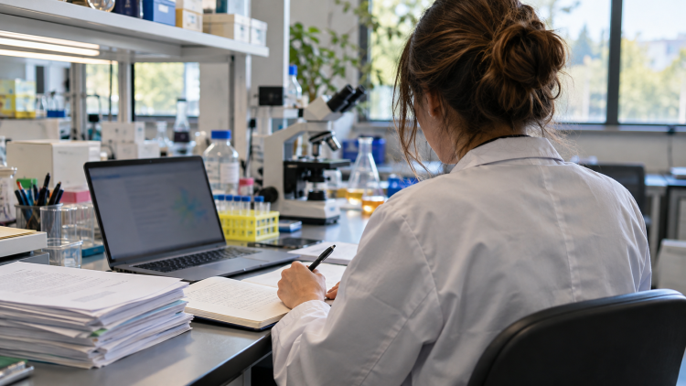 Giovane ricercatrice prepara un progetto al computer in un laboratorio universitario