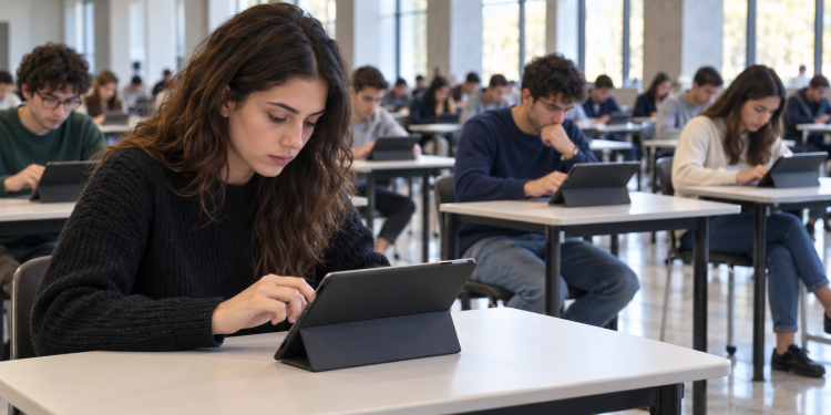 Candidati impegnati in una prova digitale con tablet in un’aula concorsuale