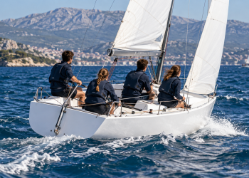 Equipaggio di giovani velisti impegnato in una regata