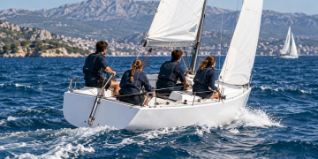 Equipaggio di giovani velisti impegnato in una regata