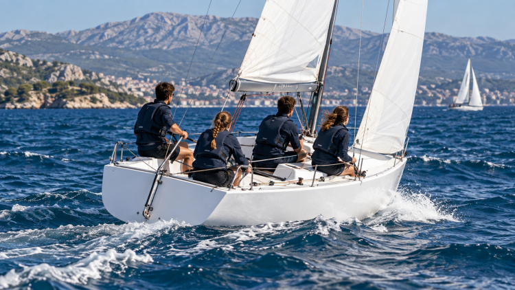Equipaggio di giovani velisti impegnato in una regata