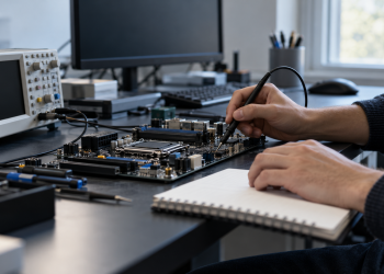 Mani di un ricercatore al lavoro su una scheda elettronica, immagine illustrativa sui finanziamenti ricerca 2026.