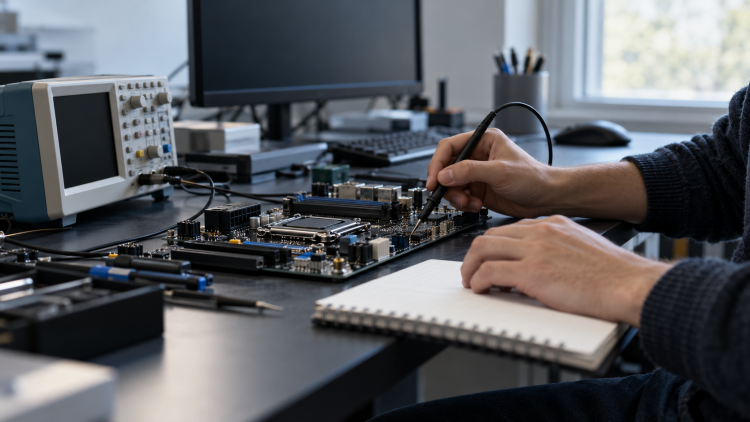 Mani di un ricercatore al lavoro su una scheda elettronica, immagine illustrativa sui finanziamenti ricerca 2026.