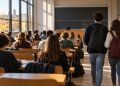Studenti ripresi di spalle tra i banchi di un’aula universitaria, immagine illustrativa del ritorno alle lezioni in presenza.