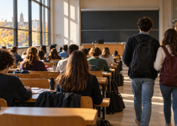 Studenti ripresi di spalle tra i banchi di un’aula universitaria, immagine illustrativa del ritorno alle lezioni in presenza.