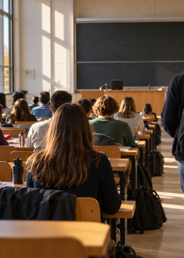 Studenti ripresi di spalle tra i banchi di un’aula universitaria, immagine illustrativa del ritorno alle lezioni in presenza.