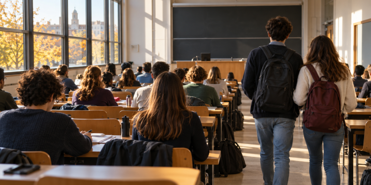 Studenti ripresi di spalle tra i banchi di un’aula universitaria, immagine illustrativa del ritorno alle lezioni in presenza.