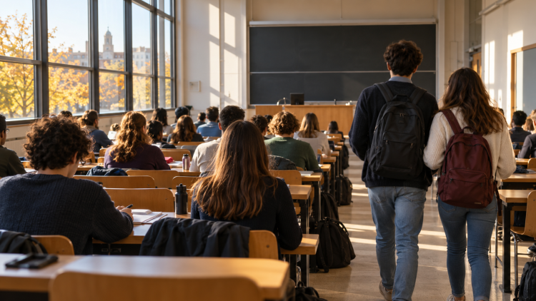 Studenti ripresi di spalle tra i banchi di un’aula universitaria, immagine illustrativa del ritorno alle lezioni in presenza.