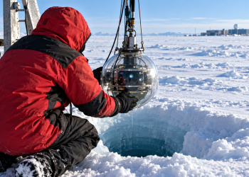 Ricostruzione illustrativa di un tecnico che prepara un sensore per una ricerca nel ghiaccio antartico