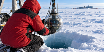 Ricostruzione illustrativa di un tecnico che prepara un sensore per una ricerca nel ghiaccio antartico