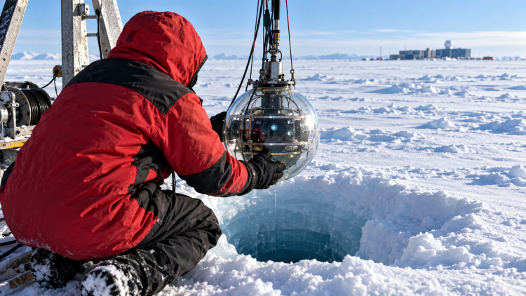 Ricostruzione illustrativa di un tecnico che prepara un sensore per una ricerca nel ghiaccio antartico