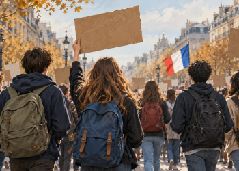 Illustrazione di giovani con zaini e cartelli durante una manifestazione in una città francese