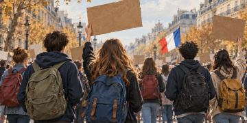Illustrazione di giovani con zaini e cartelli durante una manifestazione in una città francese