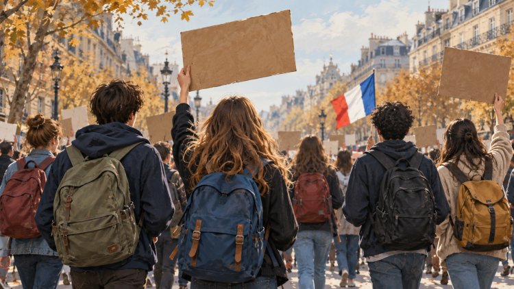 Illustrazione di giovani con zaini e cartelli durante una manifestazione in una città francese