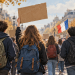 Illustrazione di giovani con zaini e cartelli durante una manifestazione in una città francese