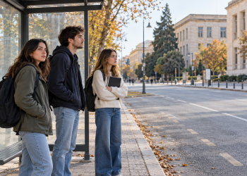 Tre studenti universitari con zaini e quaderni in attesa alla fermata di un autobus.
