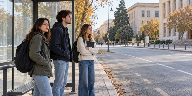 Tre studenti universitari con zaini e quaderni in attesa alla fermata di un autobus.