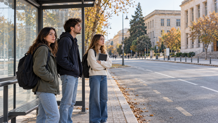 Tre studenti universitari con zaini e quaderni in attesa alla fermata di un autobus.
