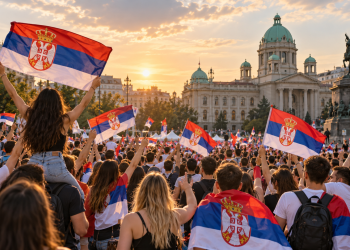 Folla di giovani festanti con bandiere della Serbia, illustrazione generata con IA.