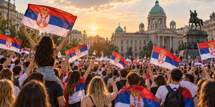 Folla di giovani festanti con bandiere della Serbia, illustrazione generata con IA.